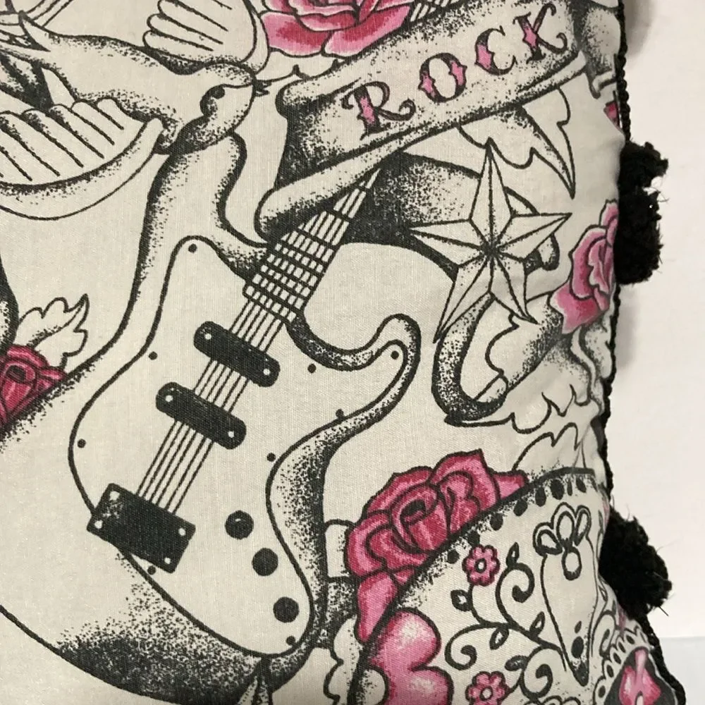 DAY of THE DEAD Rock Guitar Pink Roses Accent Throw Pillow 12 x 8 in Set of 2